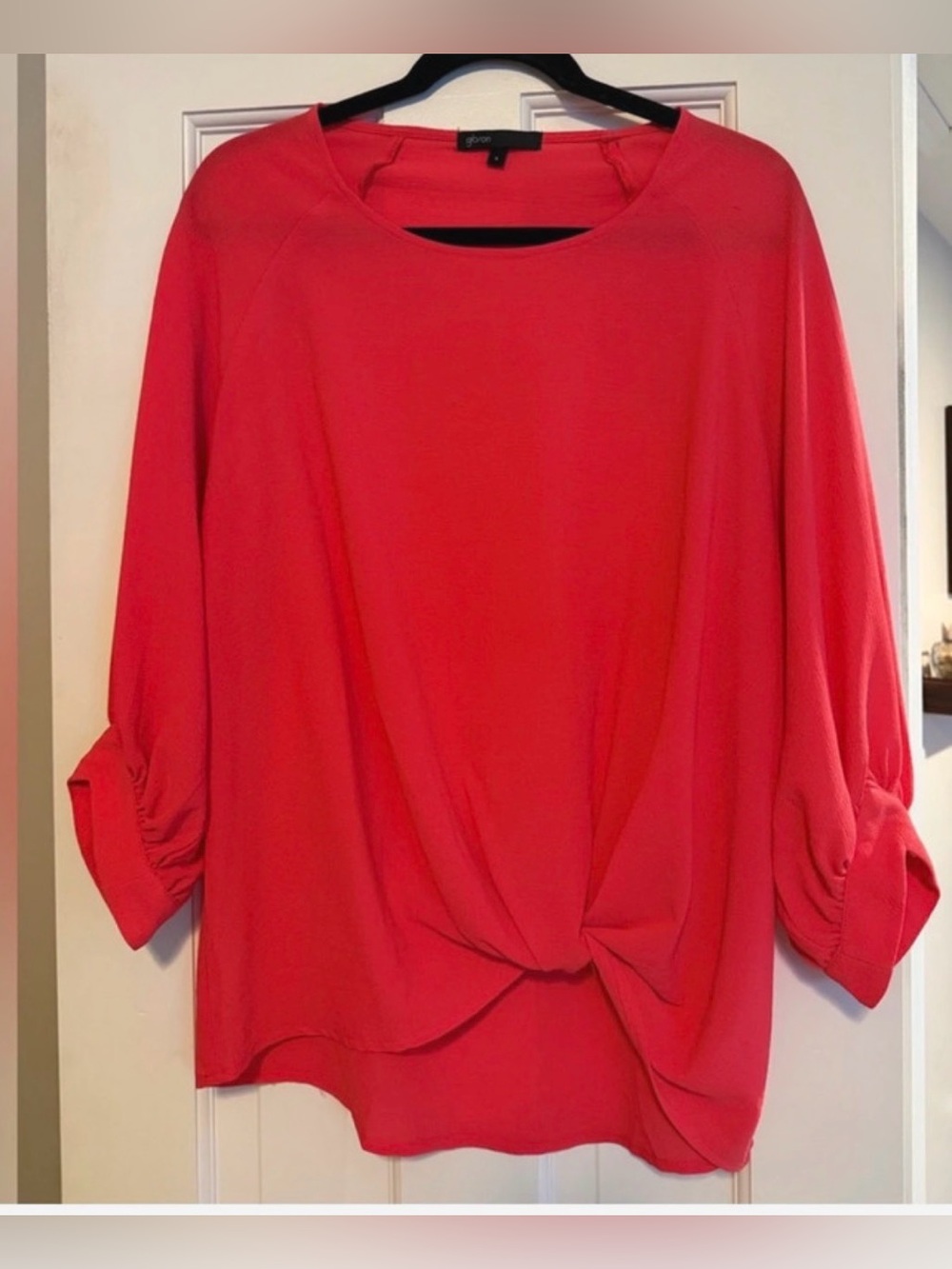 Gibson Coral Red Twist Front Blouse 3/4 Sleeve Top Size Small